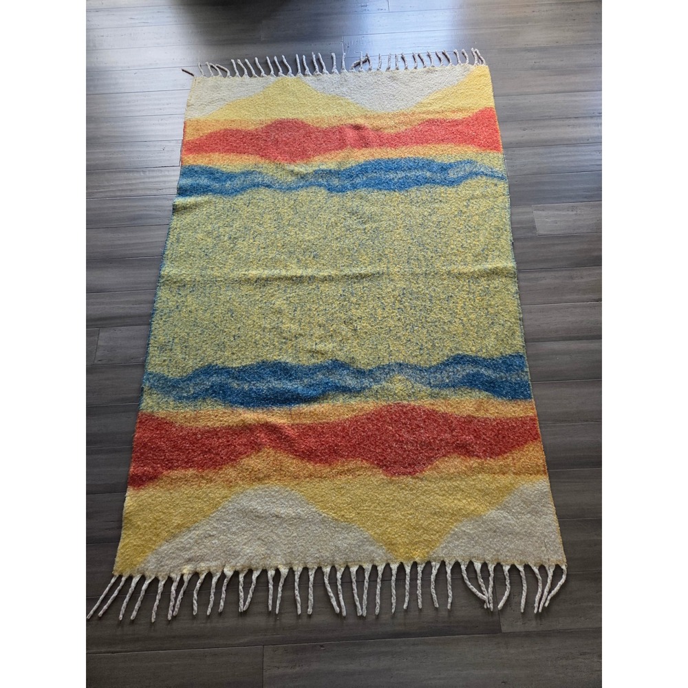 Natural Life Boho Boucle Knit Throw Blanket Yellow Blue Orange Landscape Fringe